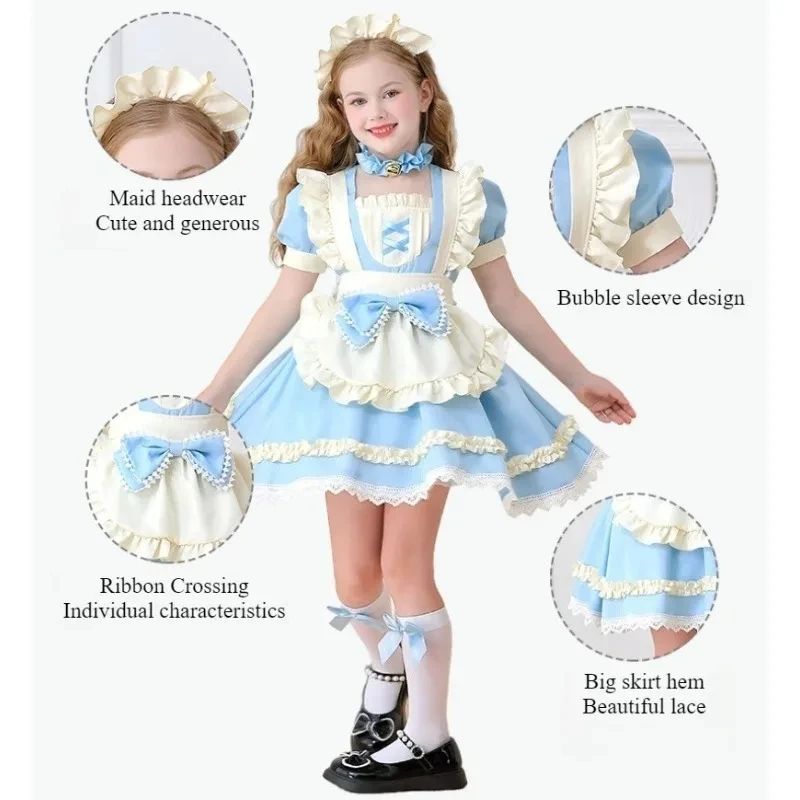 Alice Girls Maid Costume Children's Pastoral Manor Sweet And Cute Lolita Lace Blue Dress Halloween Cosplay Performance Costume