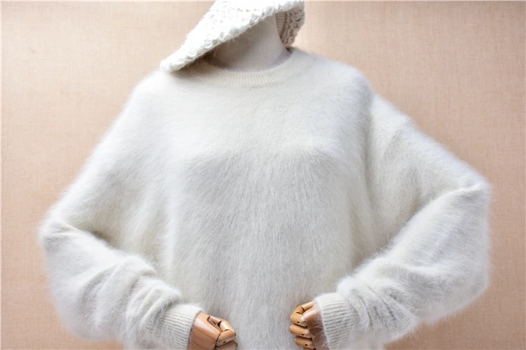 Ladies Women Autumn Winter Clothing Beige Hairy Angora Rabbit Hair Knitted O-Neck Long Sleeves Loose Pullover Sweater Jumper Top