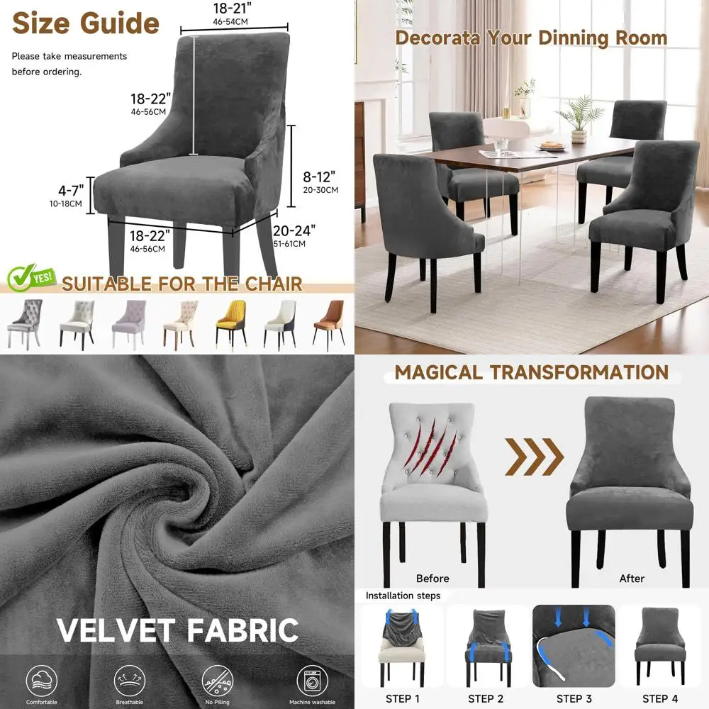

Plush Stretch Dining Chair Cover - Thick Washable Wingback Chair Slipcover for 4, Grey