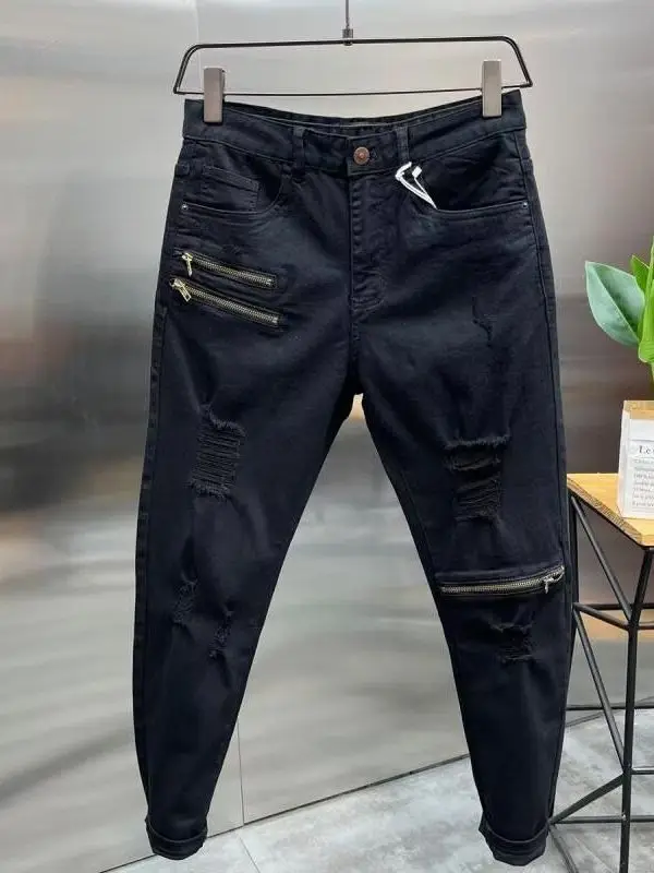 

Джинсы Slim Fit на молнии из денима премиум-класса, черные, с эффектом потертости, рваные, повседневные брюки для молодых мужчин