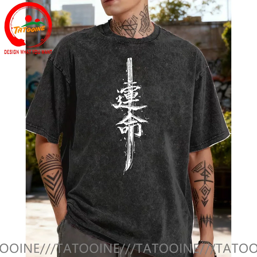 

Vintage Washed Cotton T-Shirt Funny Designer Japanese Samurai Sword T Shirt Men Fashion Trendy Casual Clothing Stylish Tops Tees