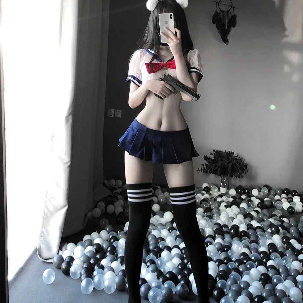 Kostum Cosplay anak perempuan sekolah seksi Set Lingerie wanita seragam pelajar Lingerie atasan Crop Babydoll erotis dengan celana dalam rok mini renda