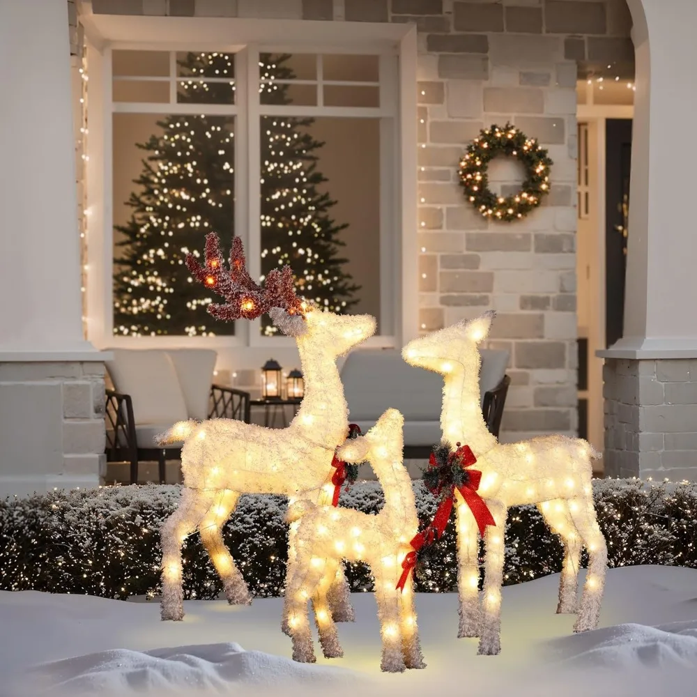 Reindeer Family Christmas Decorations Frosted Lighted Outdoor 3Pieces,LED Christmas Lighted Reindeer Outdoor Holiday Decorations