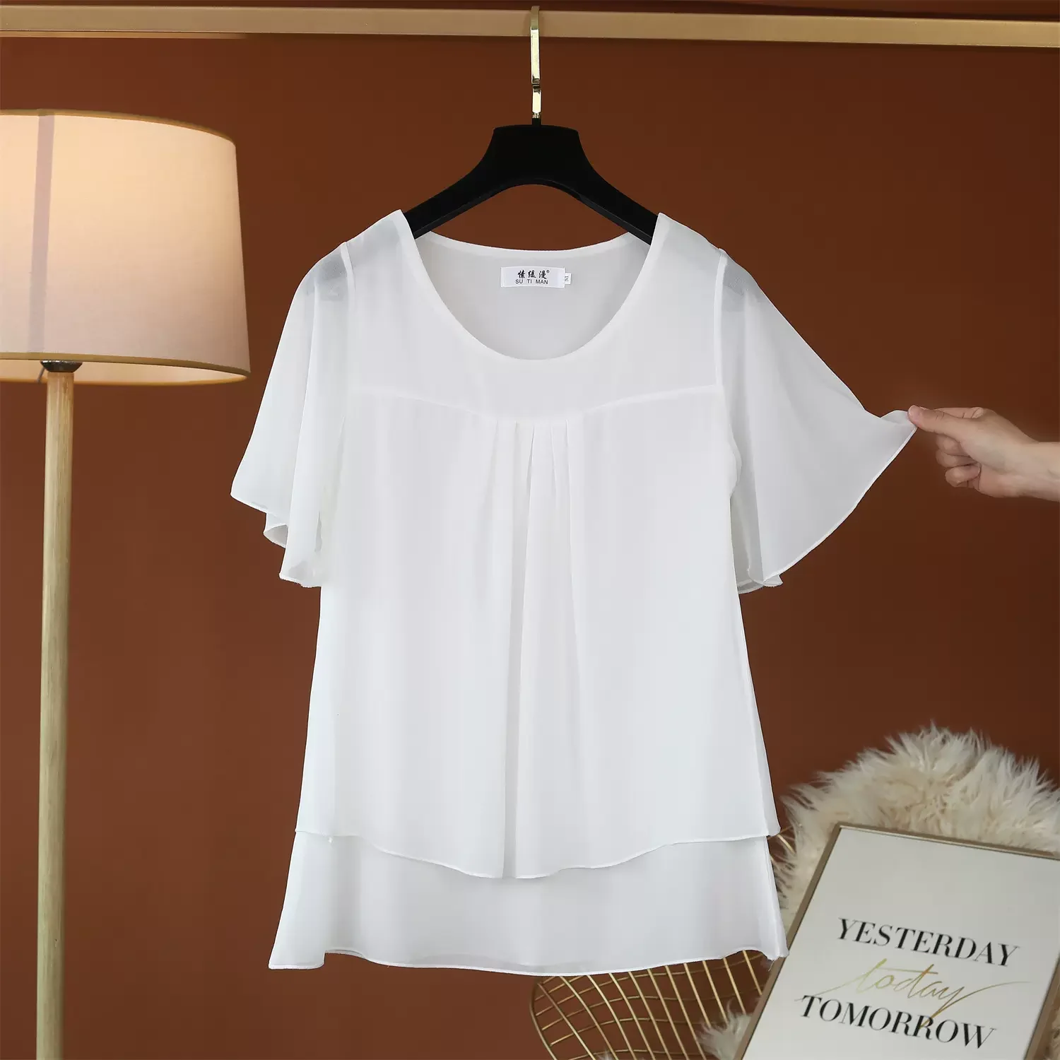 Banerdanni Summer New Fat Mm Short-sleeved Shirt To Cover The Belly Sleeveless Chiffon Shirt To Wear A Large Size Female Blouse