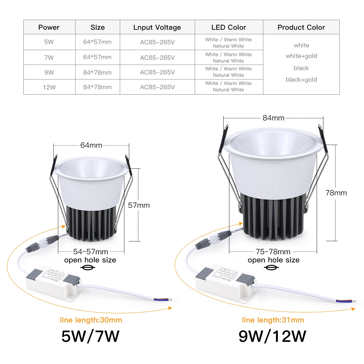 High Quality Recessed Aluminum COB LED Spotlight Bulb Spot Light 7W 12W Downlight Ceiling Lamp Room Lighting 85-265V
