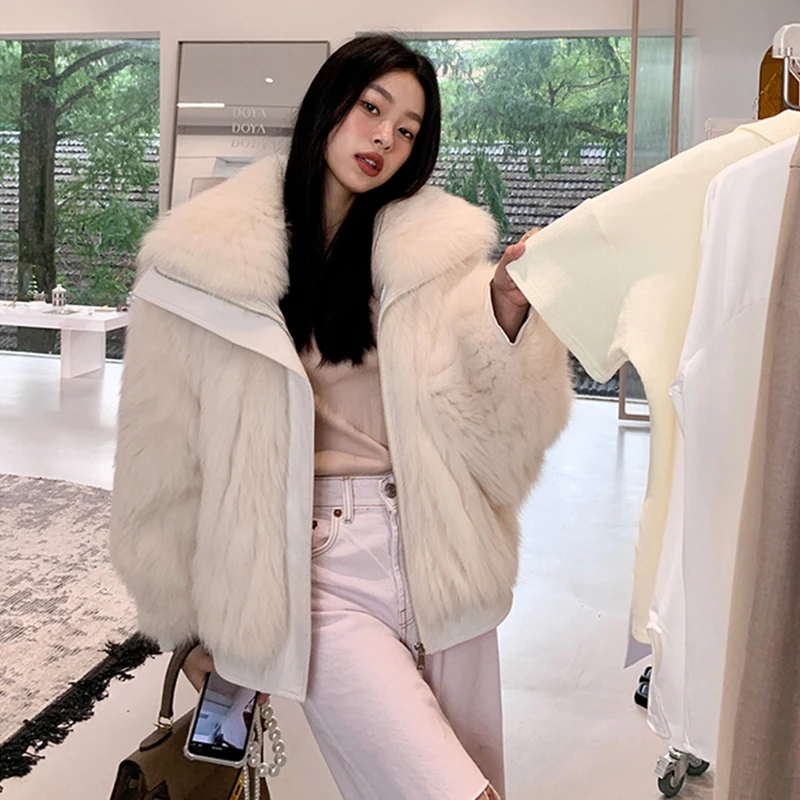 Imported Fox Fur Women's Coat Winter Short Casual Large Lapel Full Pelt Outerwear Fashion Solid Batwing Sleeve Real Fur Jac