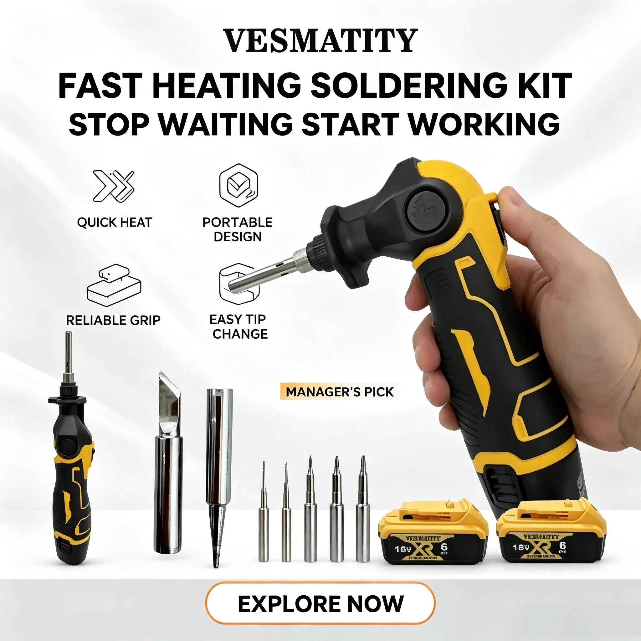 Professional VESMATITY Cordless Electric Soldering Iron Kit Fast Heating Rechargeable Alloy Welding Repair Tools for 20V Battery