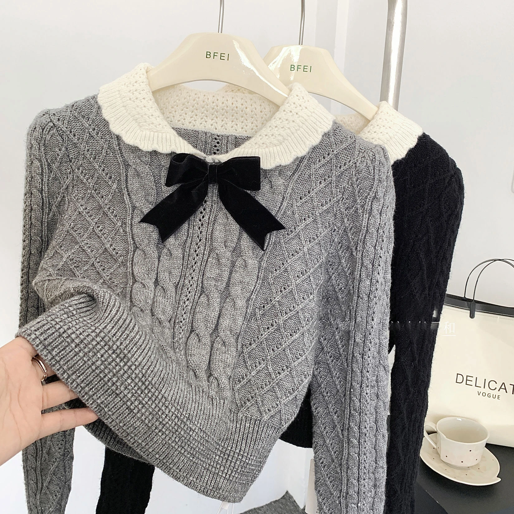 Solid Knitted Sweater Two-piece Set Women\'s Spring Autumn Bow Design Doll Collar Long Sleeves Top+High Waist Elastic Slim Skirt