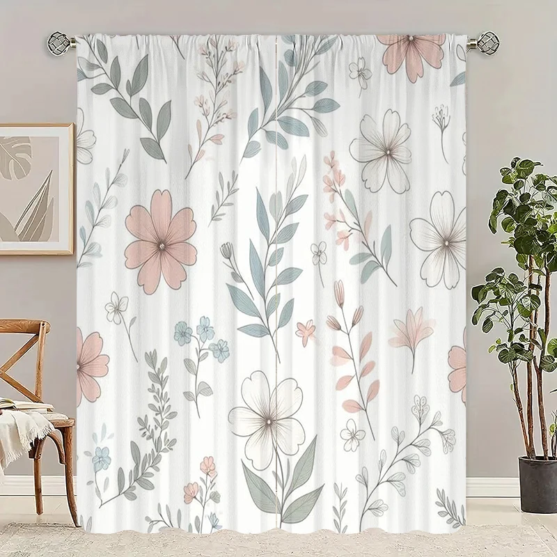 2pcs- Fresh flowers - Printed curtains,-100% polyester material, suitable for bedroom curtains and living room decoration,