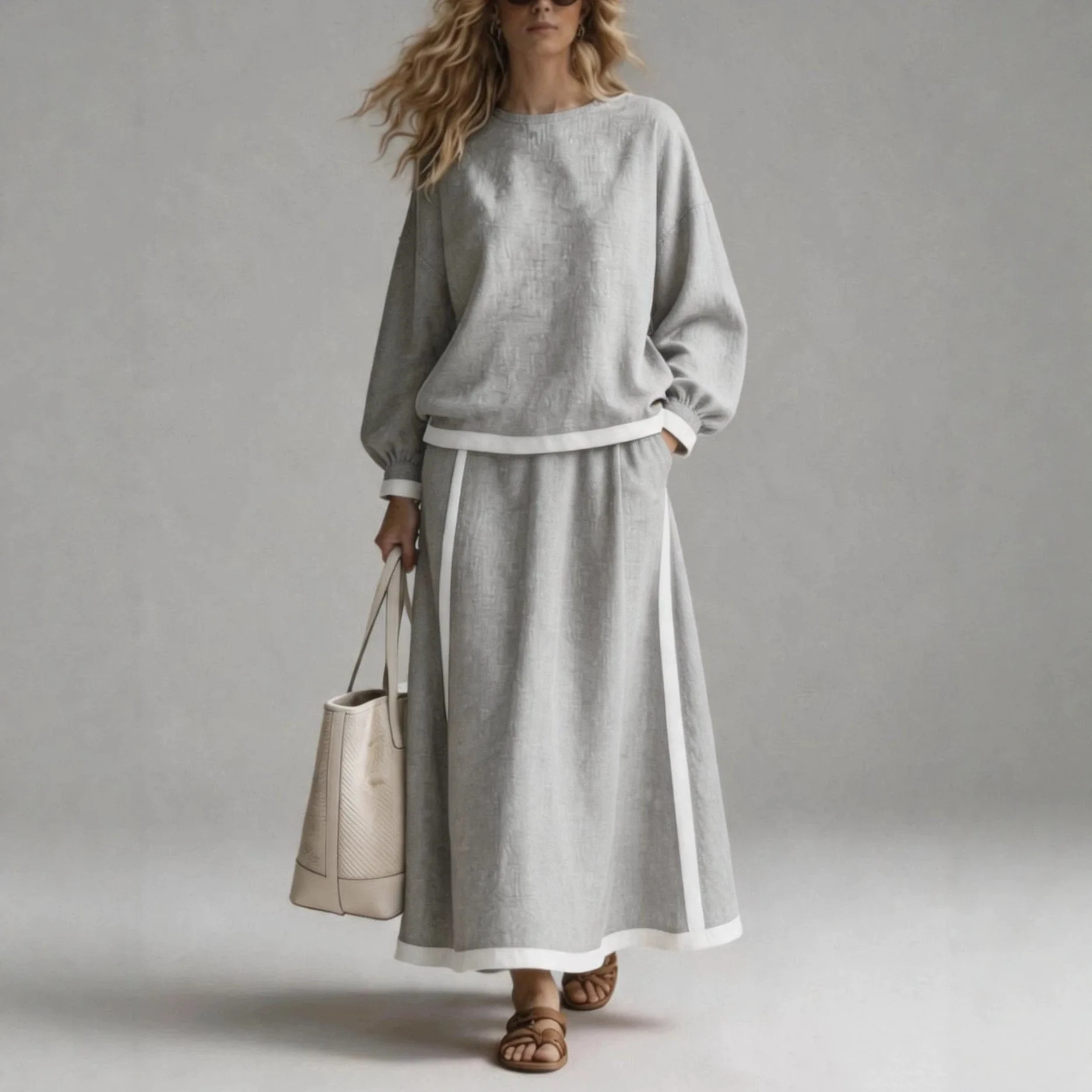 Women's Autumn New Patchwork Two Piece Set Round Neck Long Puff Sleeve Blouse Elastic Waist Side Stripe Midi Skirt Two Piece Set