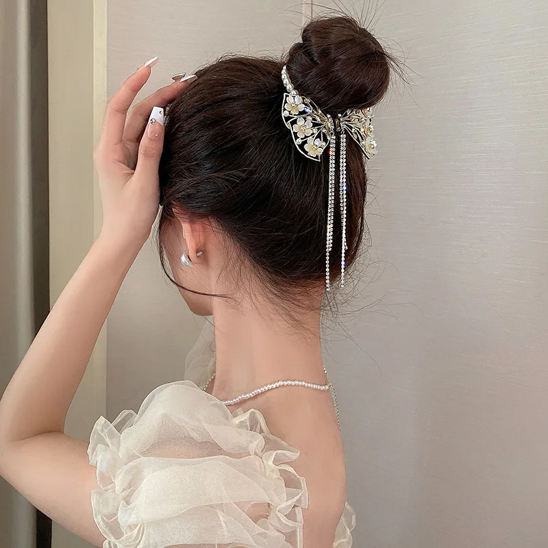 1Pcs Fashion Crystal Flower Tassel Pearl Hair Claws For Women Girls Female Party Ponytail Headwear Hair Accessories