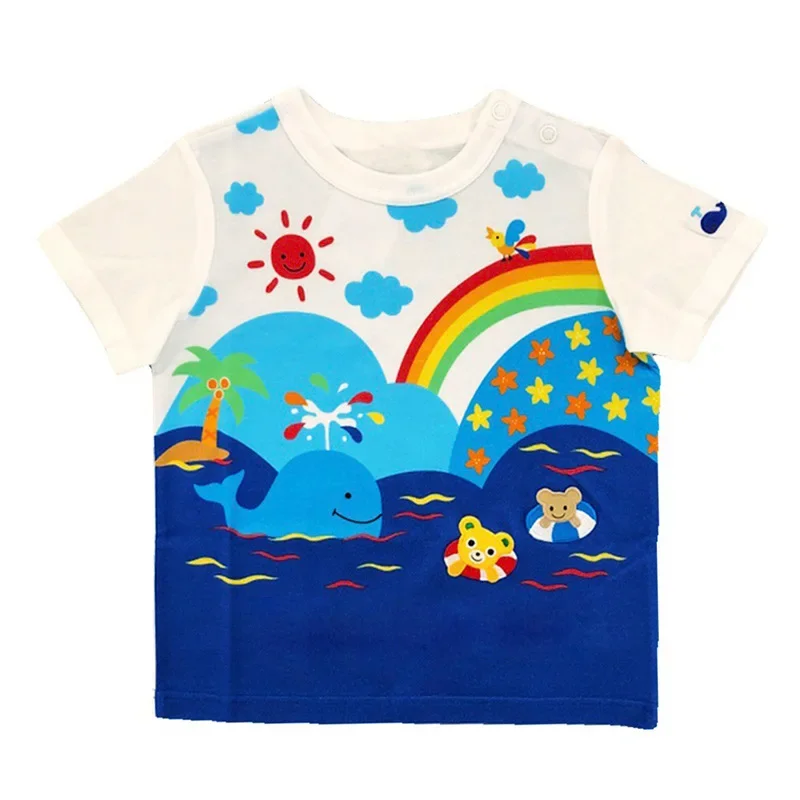 Summer New Boys' Cartoon Water Park Bear Embroidered Color-blocked Short-sleeved T-shirt