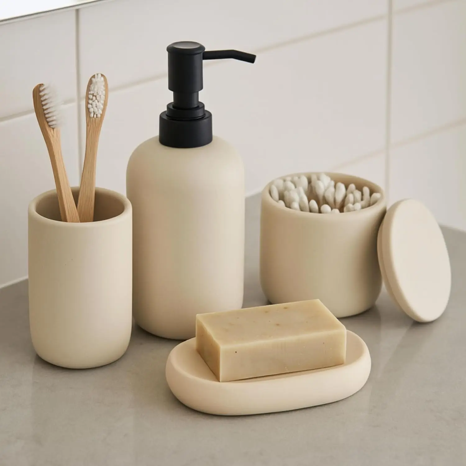 

Modern Ceramic Bathroom Set 4 Pcs - Soap Dispenser, Toothbrush Holder, Soap Dish & Cup in Cream Beige