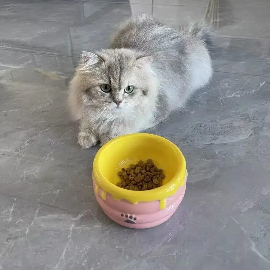 Cat Bowl Ceramic High-footed Oblique Neck Protection Food Basin Is Not Easy To Knock Over Large-diameter Anti-black Chin Into