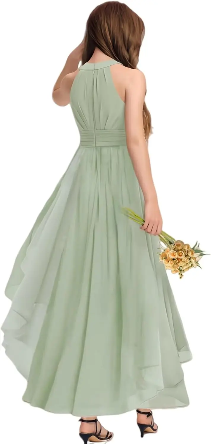 Шифоновое платье трапециевидной формы для подружек невесты, плиссированное платье с цветочным узором для девочек, вечернее вечернее платье с высоким и низким вырезом на свадьбу