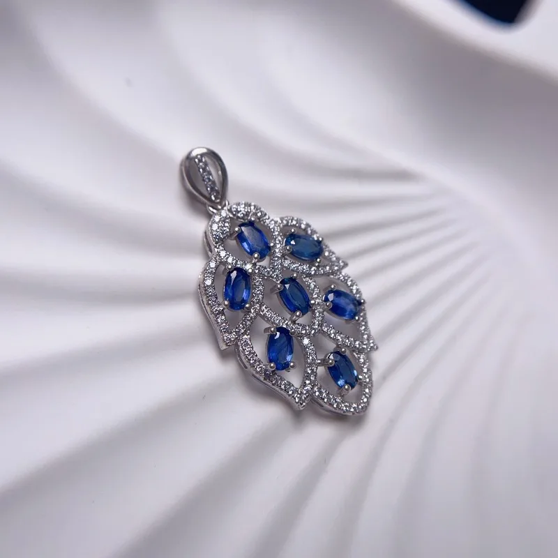 Natural Sapphire 3x5mm Leaf Design Pendant Necklace Women Daily Wear 925 Sterling Silver Fine Jewelry