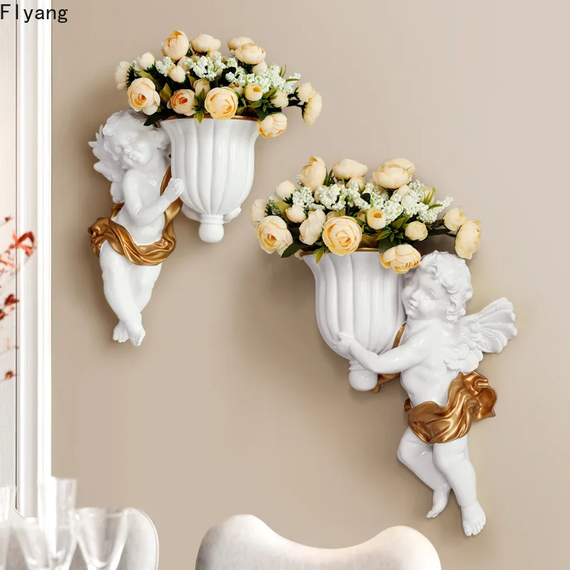 

European-style white cupid angel wall vase creative vase wall decoration flower arrangement resin wall vase decorations for home