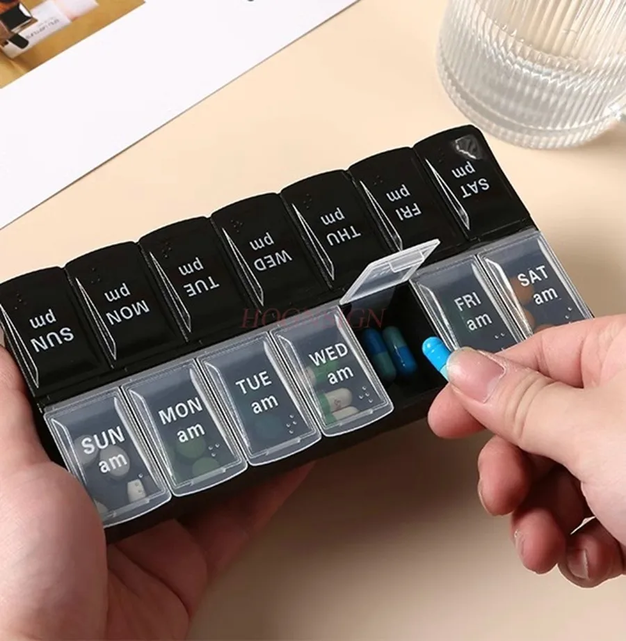 1PCS Double row 14 grid small medicine box, one week creative medicine box, medication sorting and storage box