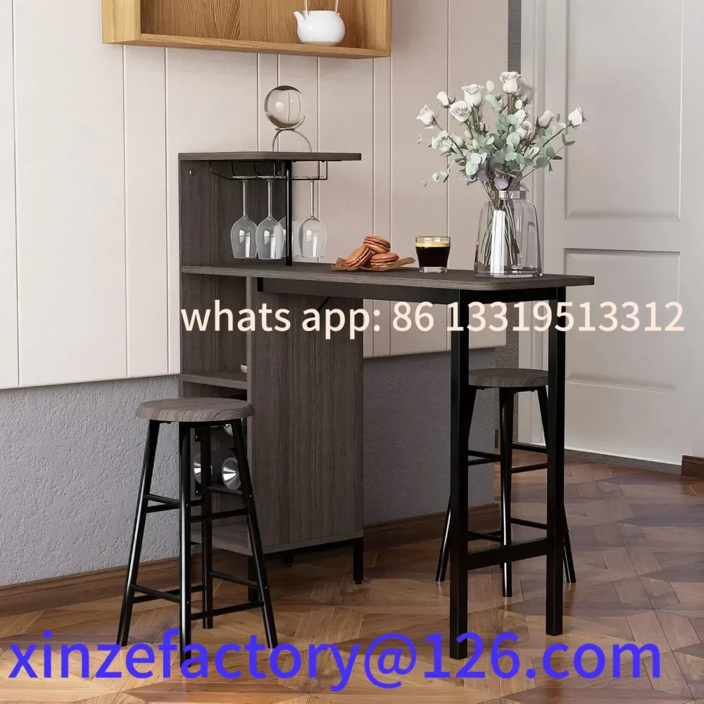 

Customizable 3 Pieces Bar Table Set, Steel Frame Dining Table and 2 Stools with Wine Racks,
