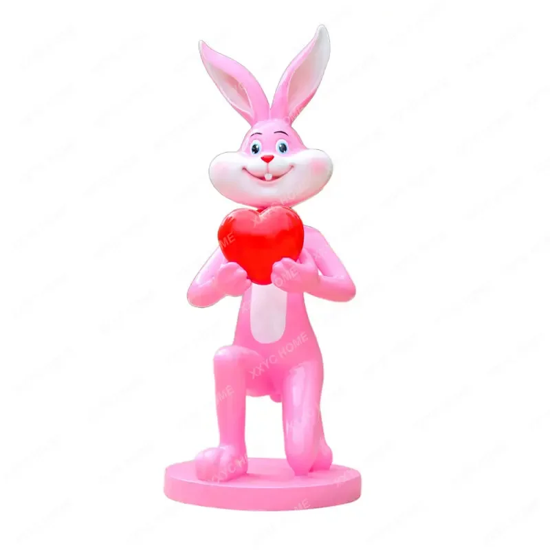 Outdoor Cartoon Pink Rabbit Grp Sculpture Shopping Mall New Year Spring Festival Clock-in Photo Decoration Big Decorations