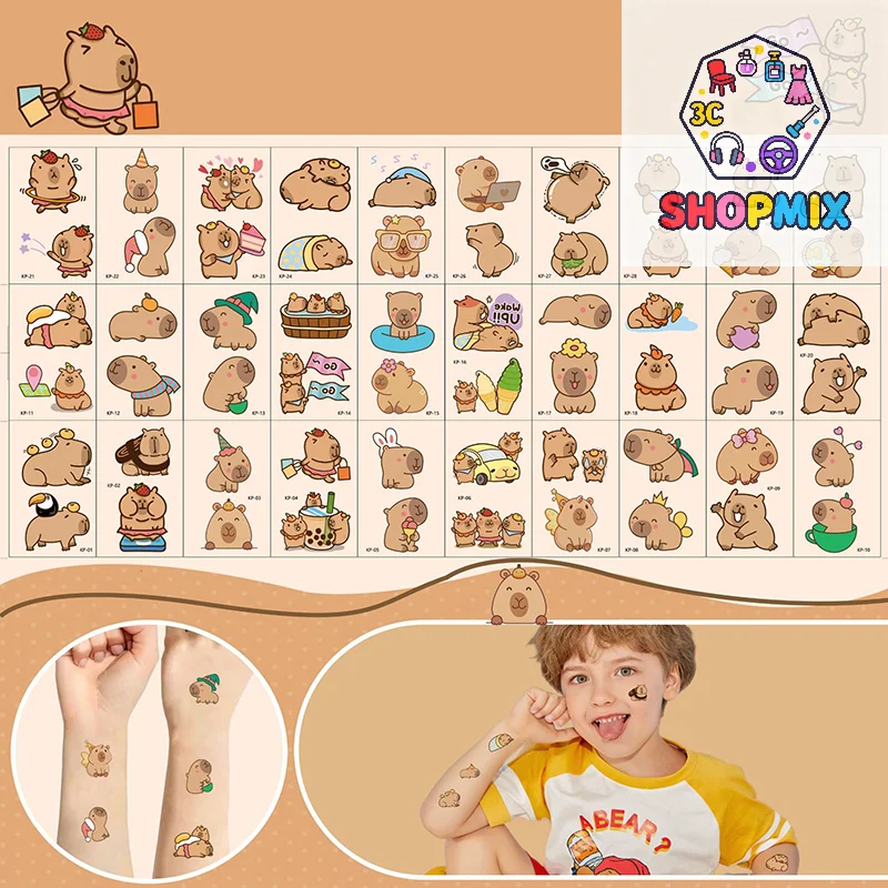 

30 листов татуировки с капибарой, наклейки с героями мультфильмов, детские временные татуировки для мальчиков и девочек, художественные татуировки с животными, подарок на день рождения