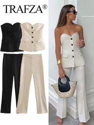 TRAFZA 2024 New Woman Suits Elegant Single-breasted Pocket Strapless Slim Tube Top + Zipper Female Straight Leg Slit Long Pant