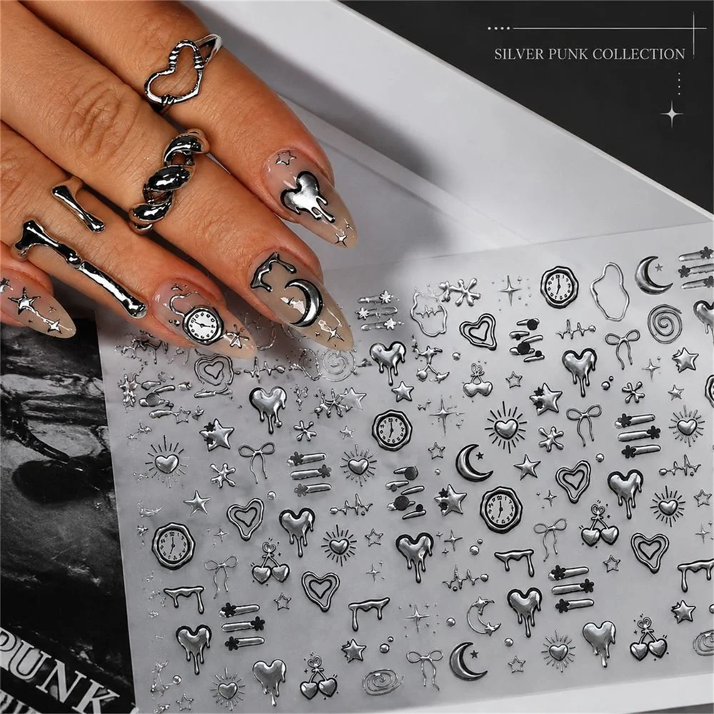 1Pc Y2K Gothic Punk Nail Stickers 5D Hot Silver Self‑Adhesive Melting Heart Clock Moon Star Bow Decals DIY Nail Art Accessories