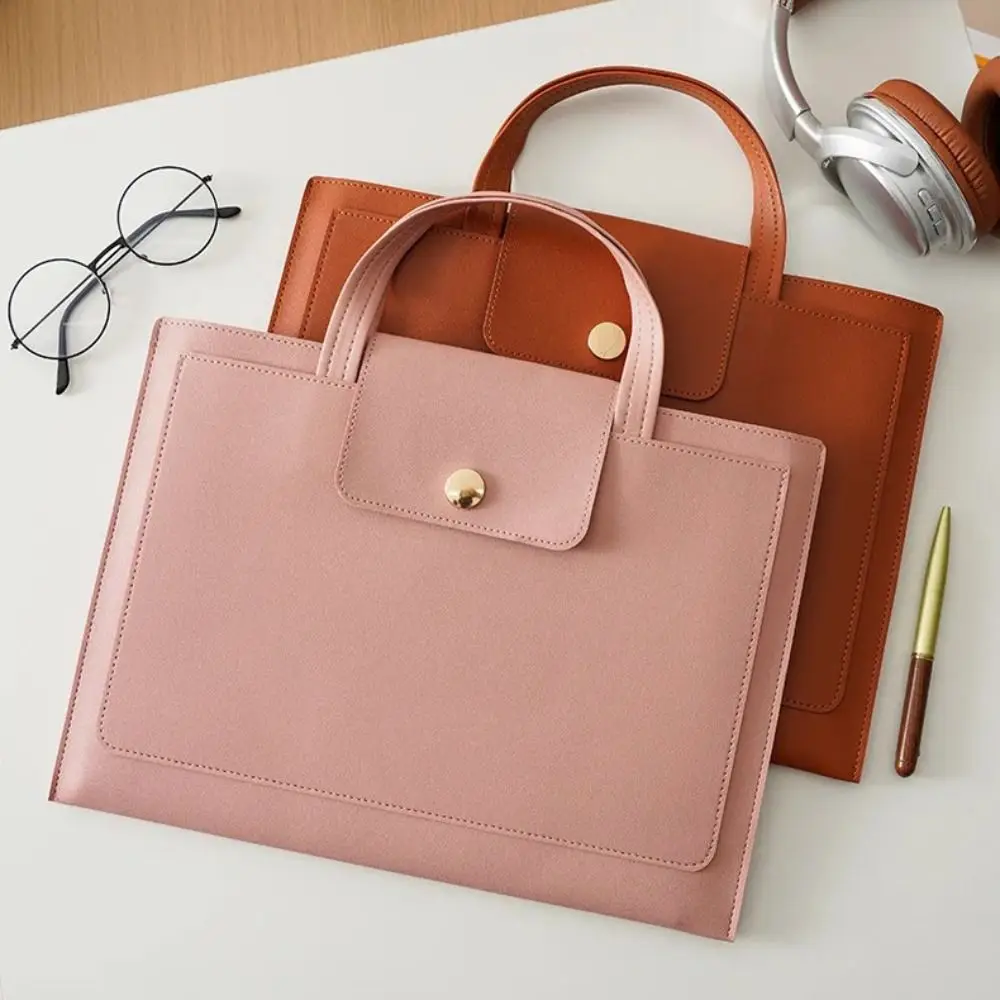 Large Capacity A4 Leather Document Bag Magnetic Button Thickened Double Layer File Folder Simple Anti-Scratch