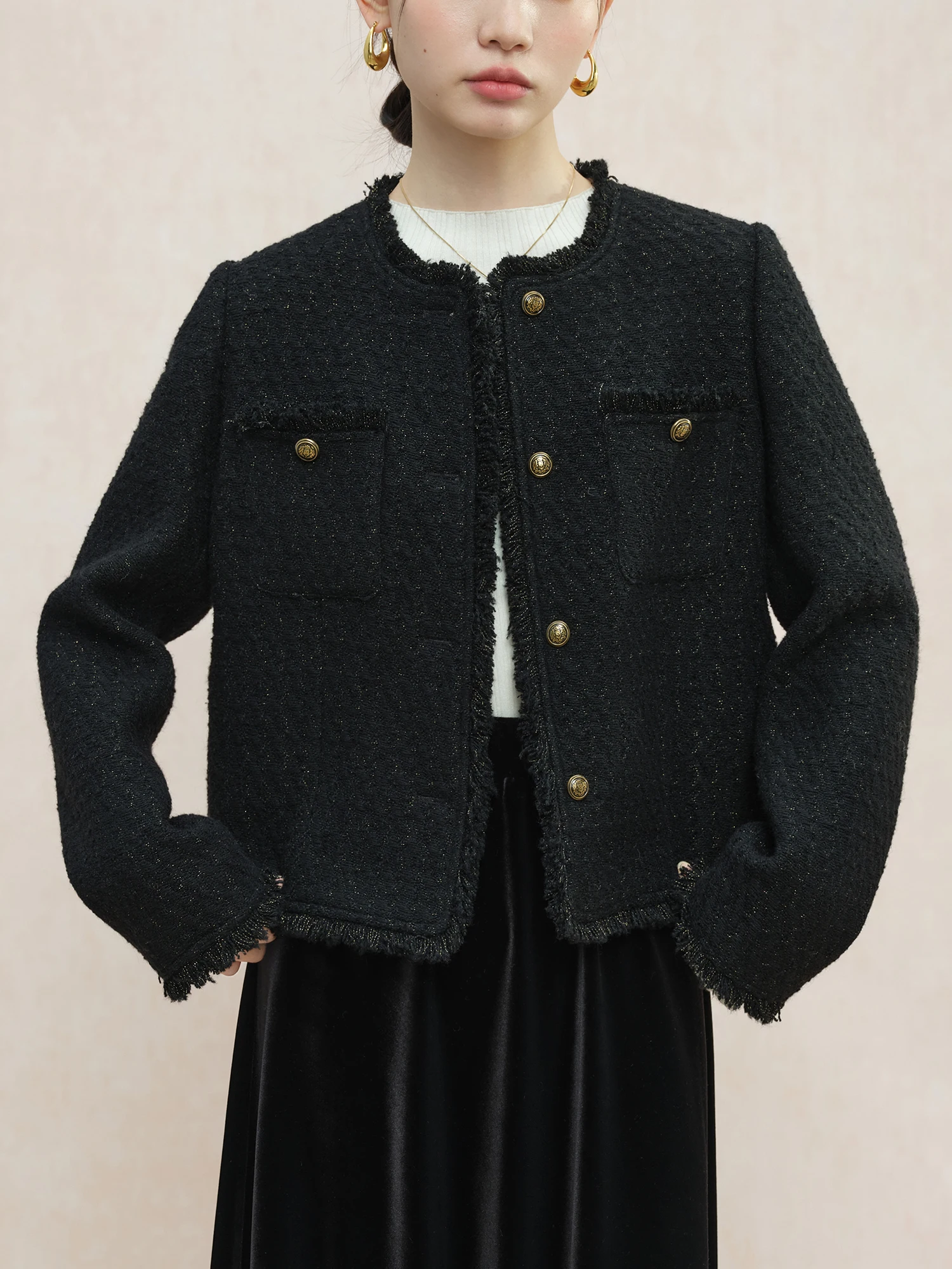 ZIQIAO Women Tweed Jackets Winter 23.4% Wool Black Temperament Short Wool Coats Round Neck Single Breasted Jacket 24ZQ94230