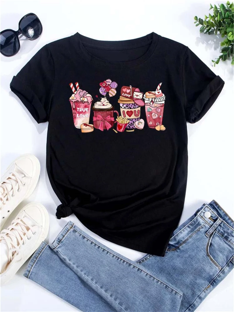 Women's Oversized T-shirt Tee Korean Fashion Coffee Cup Print Graphic Female Clothes Valentine's Day Tops Lover T Shirts