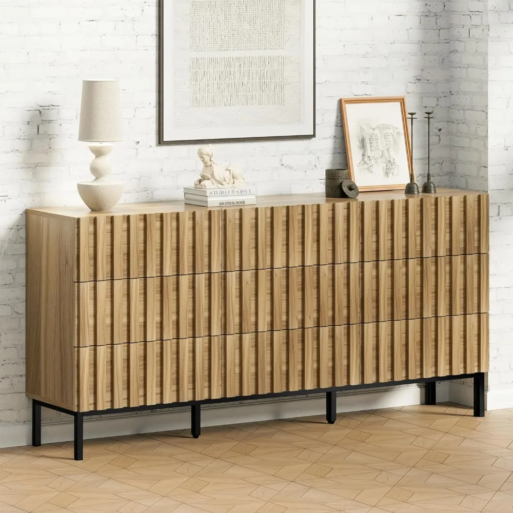 Cómoda de 9 cajones para dormitorio, cómoda estriada estilo mediados de siglo de 59 pulgadas con 9 cajones, cómoda larga, soporte para TV para dormitorio,Ha