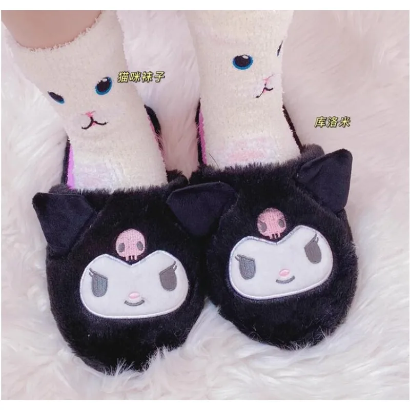 Chinelos domésticos de gatinha para mulheres e meninas, sapatos interiores antiderrapantes, sapatos de algodão quente, preto, doce coração, fofos, kawaii, moda, inverno, novos