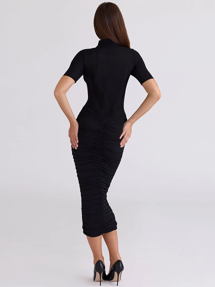 FDYOUI Abito da club party con corsetto patchwork in rete a collo alto da donna 2026 Abiti slim a metà polpaccio con pieghe trasparenti a maniche corte