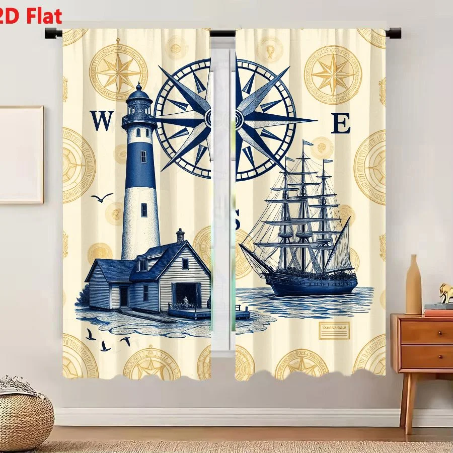 2Pcs Curtains 2D Flat Vintage Nautical Illustration Featuring Dark Blue Compass Rose, Lighthouse And Sailing Ship On Cream Backg