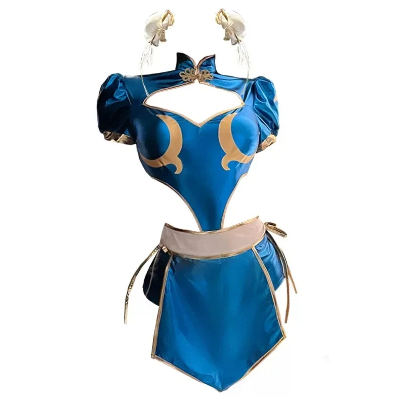 Gry Chun Li kostiumy Cosplay niebieskie rozcięcie sukienki Cheongsam kobiety seksowne body nakrycia głowy garnitur Halloween karnawał odzież na imprezę