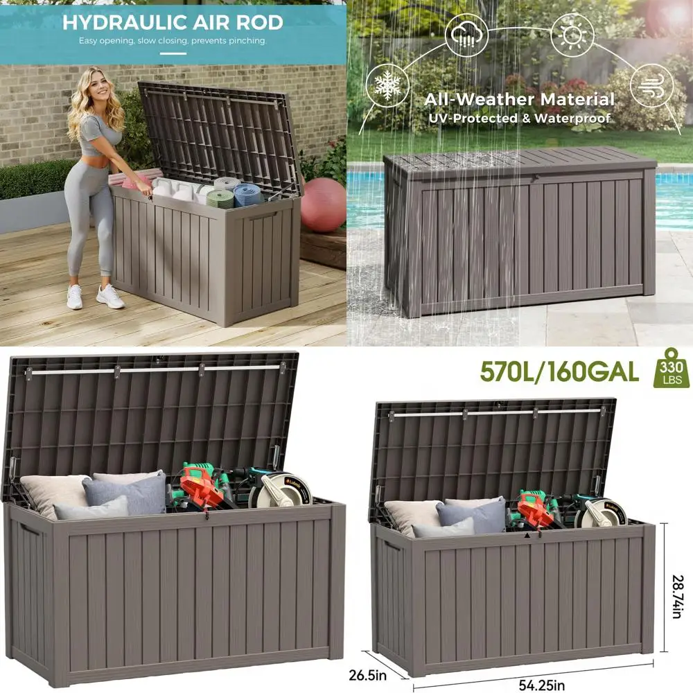 

Всепогодный ящик для хранения из полимерной смолы, 160 галлонов, серый, с запирающейся крышкой для использования в помещении и на улице