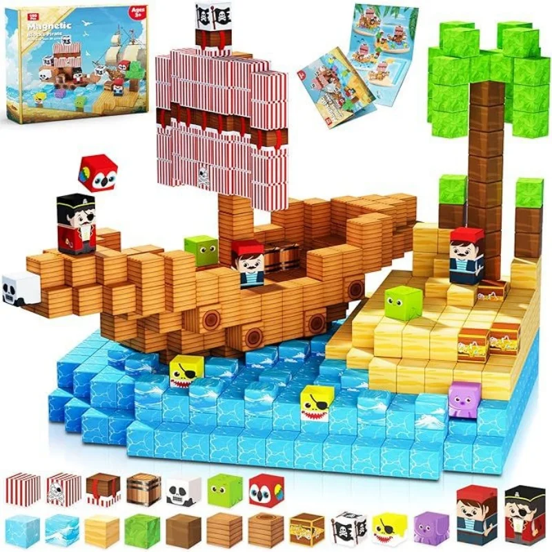 

Mini Magnetic Blocks Pirate Ship Cubes 100Pcs Montessori Building Block Sets STEM Sensory Toys Boys Girls Travel Puzzle Game