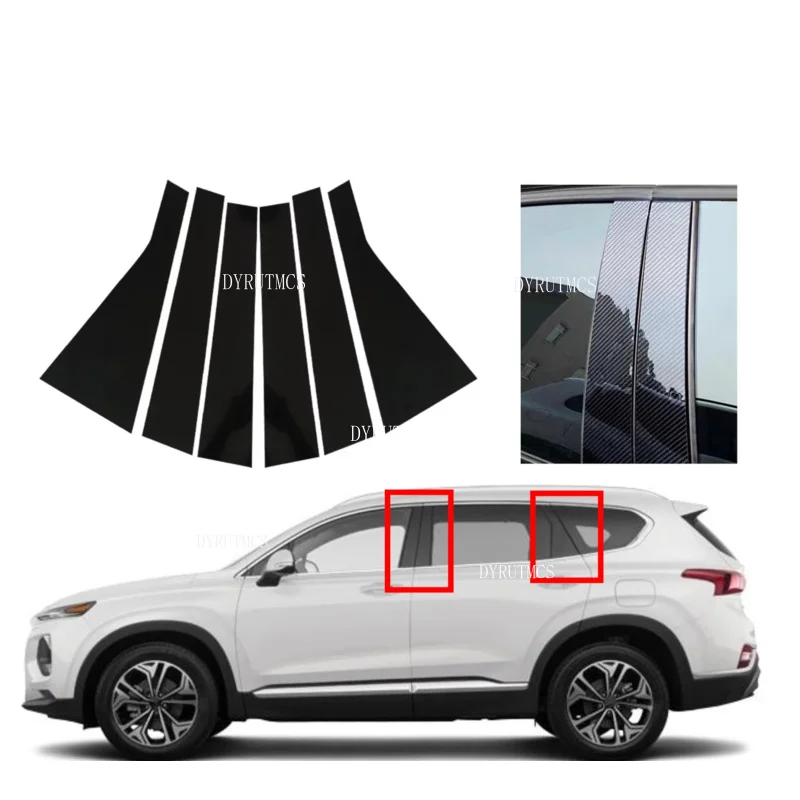 6pcs Pillar Posts Door Side Window Trim Cover Fit For Hyundai Santa Fe 2019 2020 2021 2022 2023 Silver Carbon Glossy Black