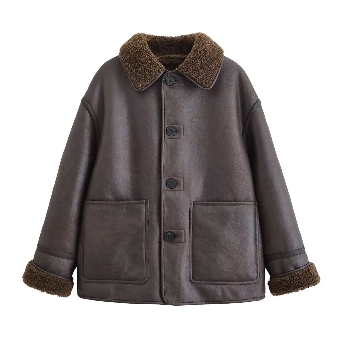 เสื้อแจ็คเก็ตหนังผู้หญิงสำหรับฤดูใบไม้ร่วงและฤดูหนาว แบบใส่ได้สองด้าน กระดุมแถวเดียว มีกระเป๋า แขนยาว เสื้อคลุม