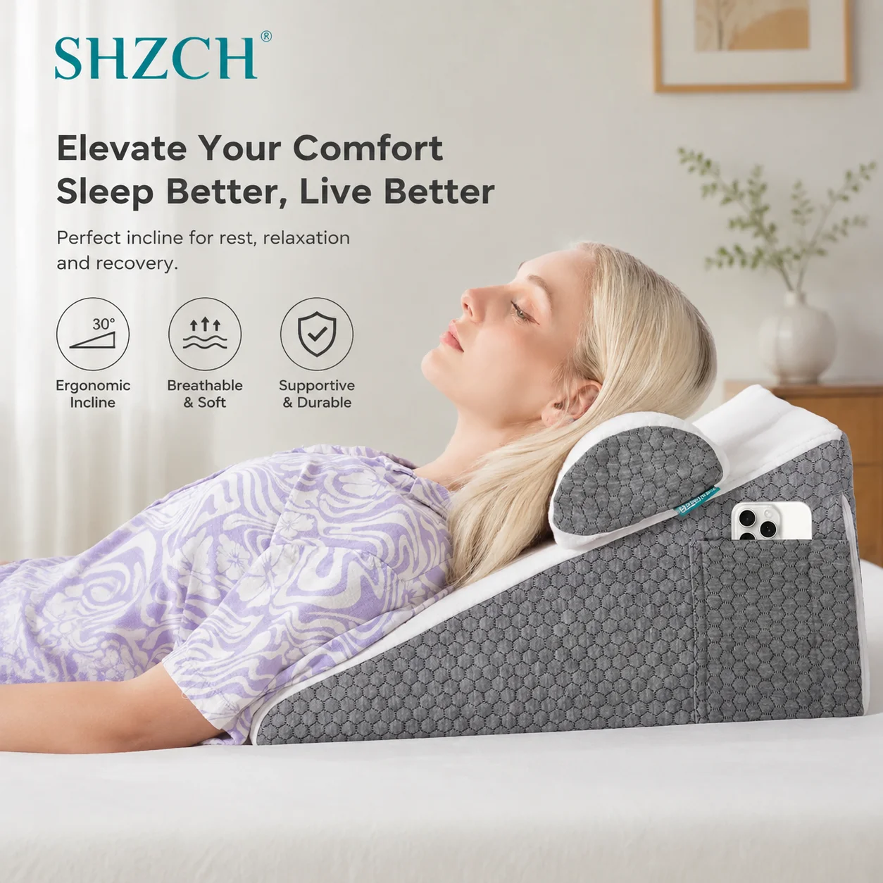 2 Pcs Memory Foam Bed Wedge Pillow Triangle Pillow with Removable Washable Cover for Sleeping, Reading, Acid Reflux