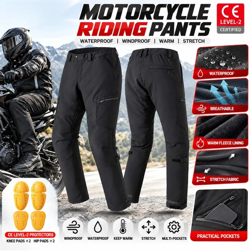 Winter Motorcycle Riding Pants CE Level 2 Knee Hip Protection Waterproof Windproof Fleece Lined Trousers