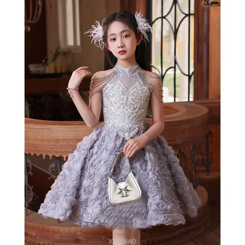 Elegangt Princess Dress Girl Birthday Party Pageant Gown Kids Piano Recital Flower Short Dress Kids Formal Outfit Summer Costume