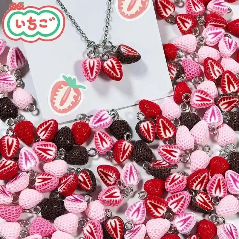 10Pcs Mix Color Sweet Mini Half Strawberry Resin Charms Simulation Fruit Pendants For DIY Earring Bracelet Craft Making Supplies