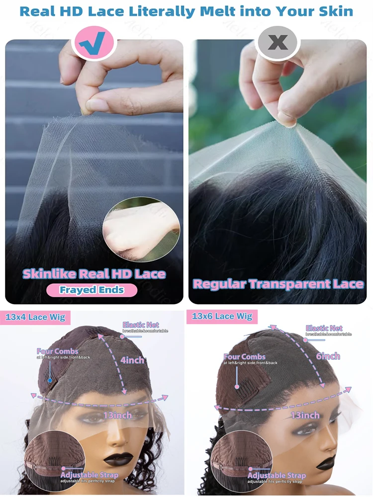 Parrucche Glueless per capelli umani ricci neri al 100% 13x6 Parrucca anteriore in pizzo HD Frontale Jerry Riccioli birmani Chiusura Multi Separazione Intrecciata Indossare