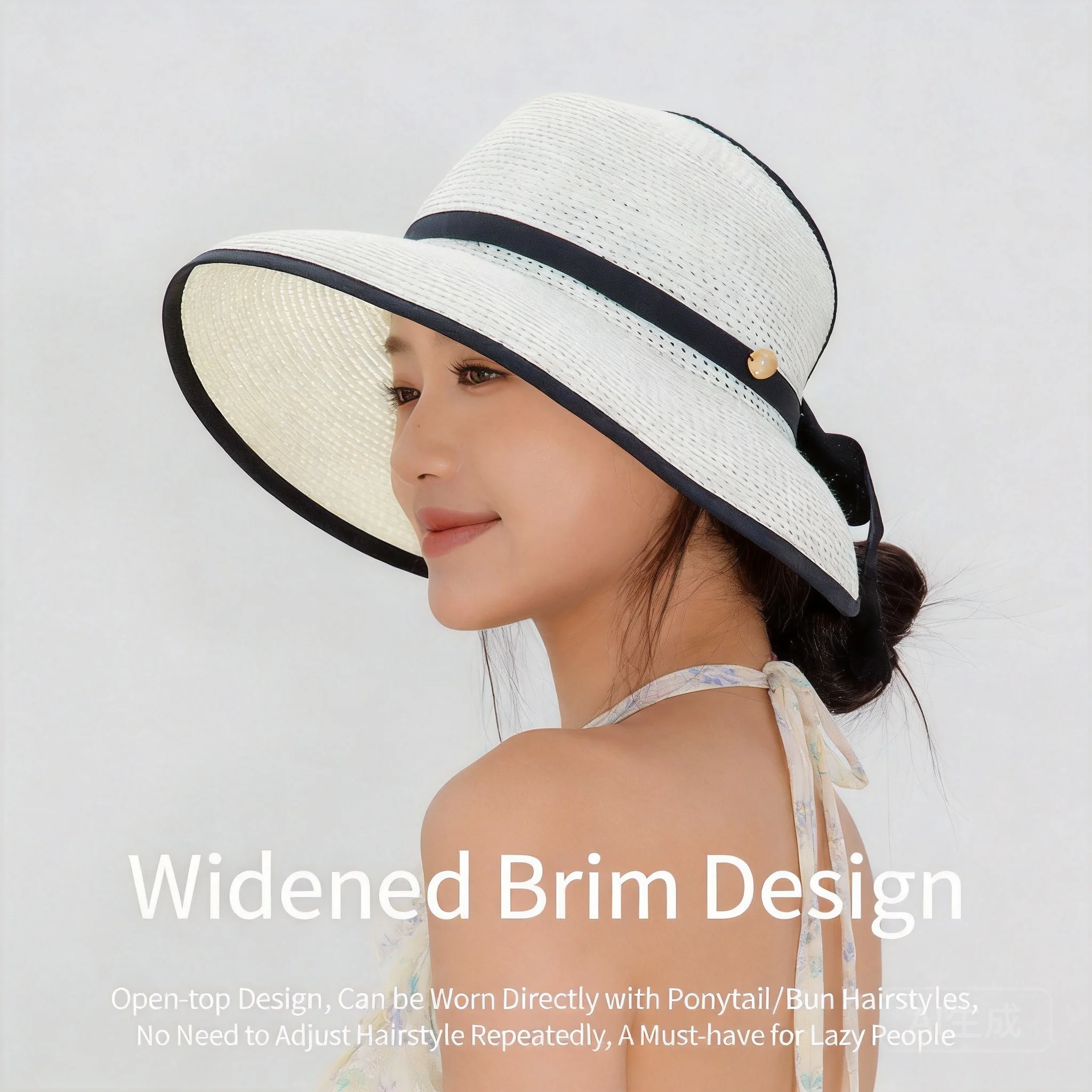 Women Wide Brim Bowknot Open Top Straw Sun Hat 58cm Head Circumference Summer Lightweight Breathable Uv Protection Woven Cap For