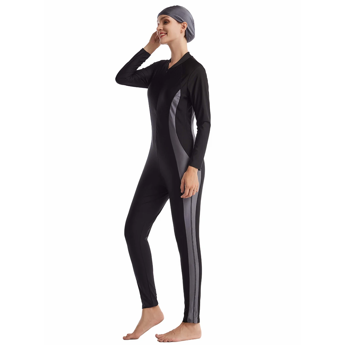 S-3XL Islamic Muslim Swimsuit for Women Ladies One-Piece Swimming Tights With Cap Quick Dry Stripes