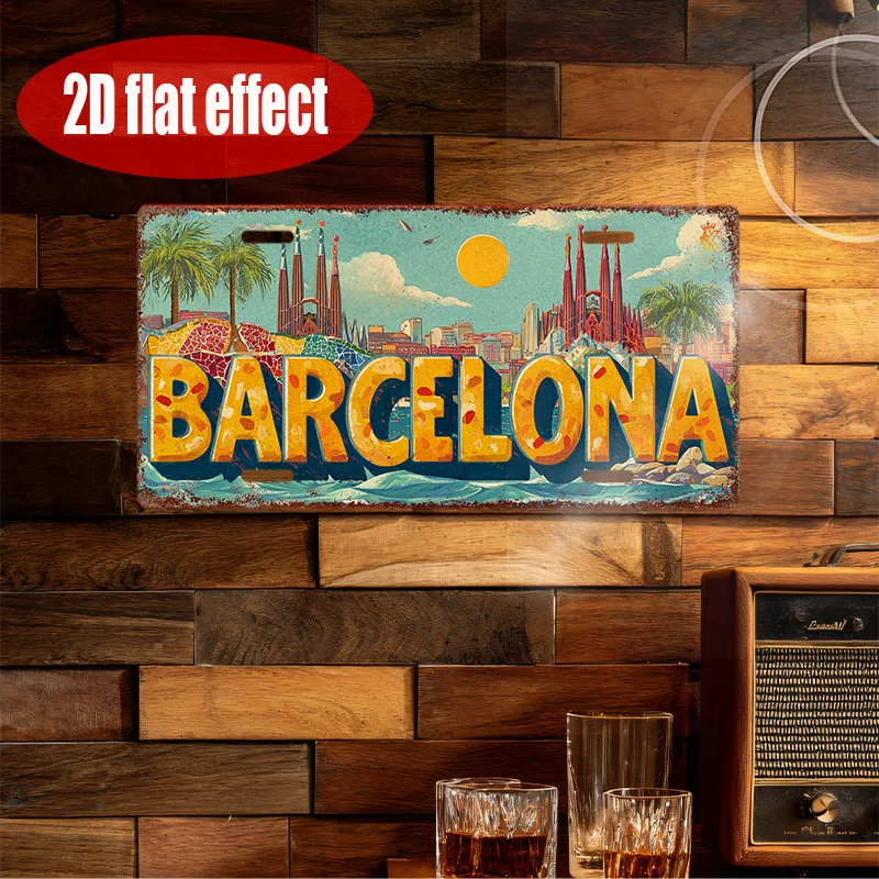 2D Flat - 1 Vintage Metal License Plate Frame | 11.8X5, 9.0inch Design Featuring Barcelona Landmarks And Beach Scene, Colorful T