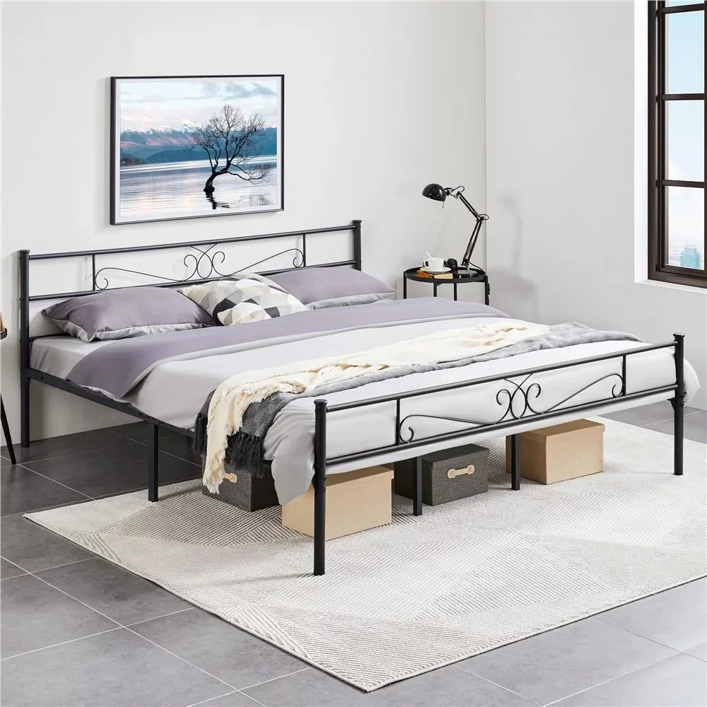 

2023 New Easyfashion Modern Scroll Metal Platform King Bed, Black
