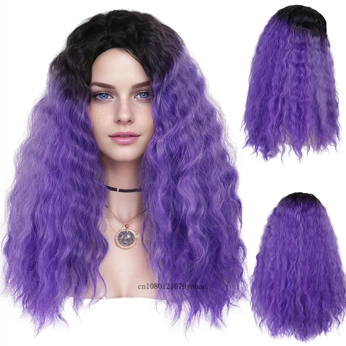 

Halloween Purple Wigs Synthetic Dark Root Long Curly Wavy Wig with Bangs for Women Lady Natural Looking Cosplay Party Costume