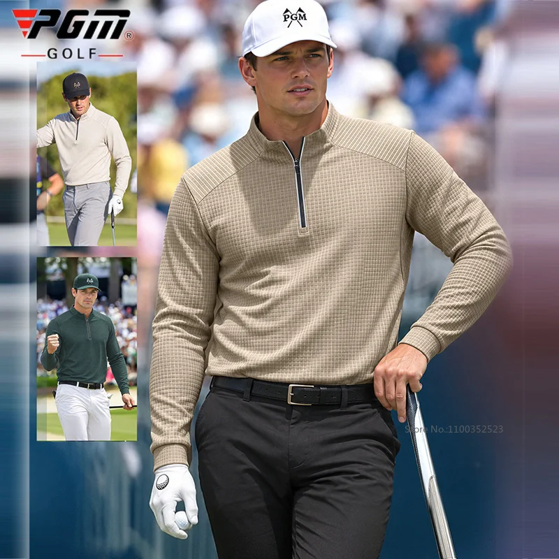 Pgm Spring Autumn Polo Shirts Men Long Sleeve Zipper Collar Golf Shirt Breathable Anti-Sweat Casual Golf Tops Waffle Texture